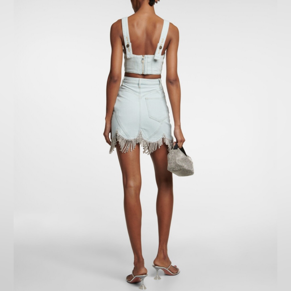 Area - Crystal-Embellished Denim Crop Top, Size 16, $695 — image 8 of 8